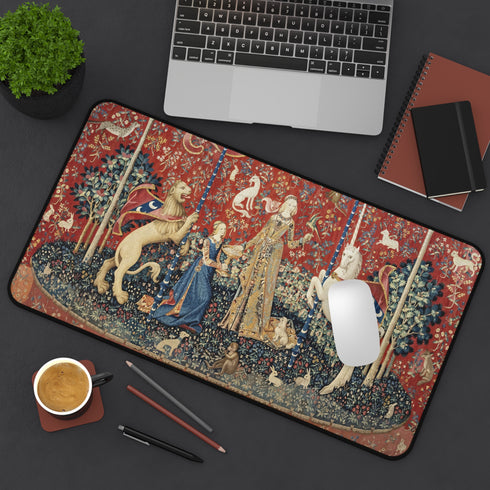 Medieval Tapestry Lady with Lion and Unicorn Desk Mat | Renaissance Art Mouse Pad