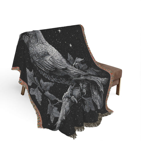 Raven Woven Blanket Black & White Jacquard Cotton Throw, Gothic Moon and Stars Tapestry, Crow Wall Art, Occult Witchy Home Decor