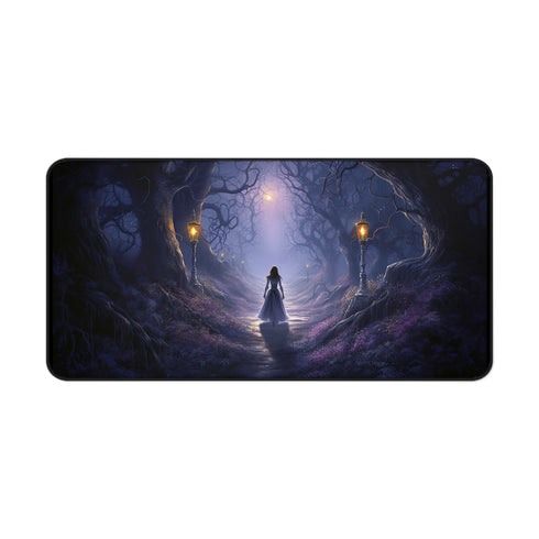 Enchanted Forest Path Desk Mat | Mystical Girl, Lanterns, Twilight