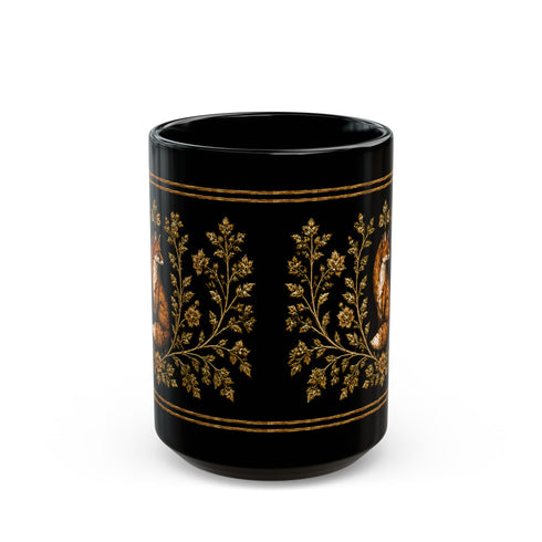 Foxfire Retreat Foliage Black Ceramic Mug – Vintage Botanical Fox Coffee Cup (11oz/15oz)