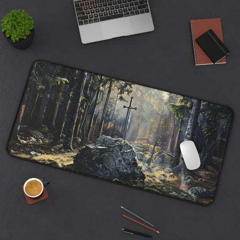 Excalibur in Forest Desk Mat | Medieval Fantasy Landscape, Sunlit Mossy Woods
