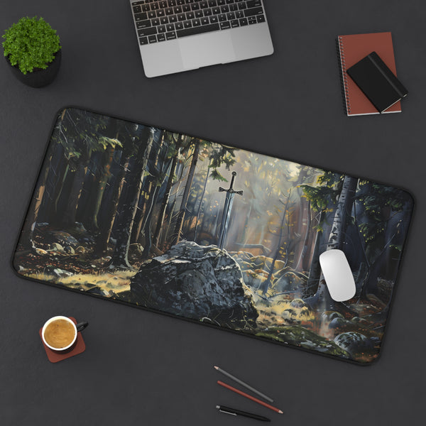 Excalibur in Forest Desk Mat | Medieval Fantasy Landscape, Sunlit Mossy Woods