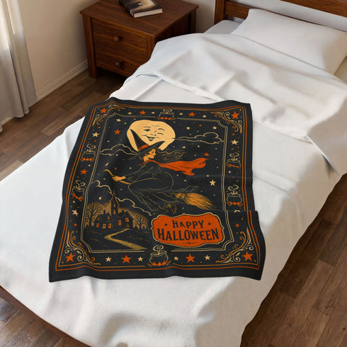 Vintage Halloween Witch Blanket | Retro Moon Velveteen Fleece Throw