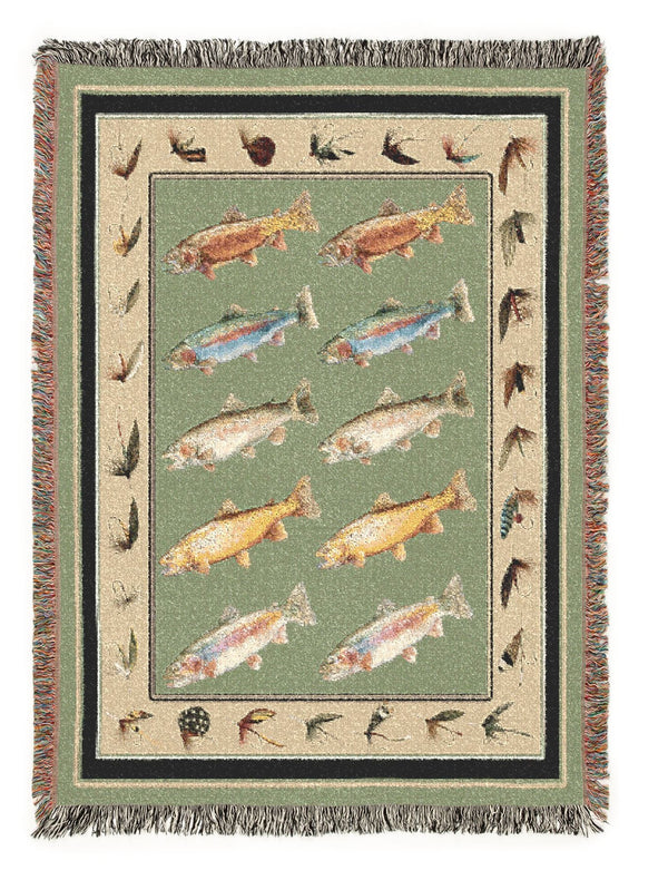 Trout Fly Fishing Cotton Woven Throw Blanket | Nature Gift For Fly Fisherman Rustic Cabin Lake House Decor