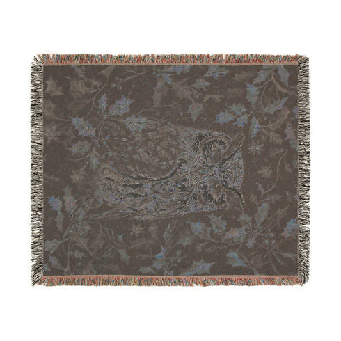 Woodland Owl in Holly Woven Jacquard Cotton Blanket, Throw or Wall Tapestry Boho Owl Nature Blanket Forest Decor, Cozy Cabin Blanket