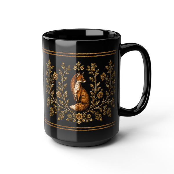 Foxfire Retreat Fox and Foliage Black Ceramic Mug (11oz/15oz)