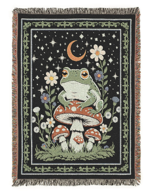 Moonlit Cute Frog on Mushroom Woven Throw Blanket Cotton Jacquard Tapestry, Cottagecore Woodland Decor, Mystical Frog Moon Stars Throw