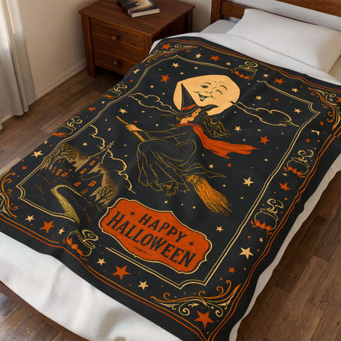 Vintage Halloween Witch Blanket | Retro Moon Velveteen Fleece Throw