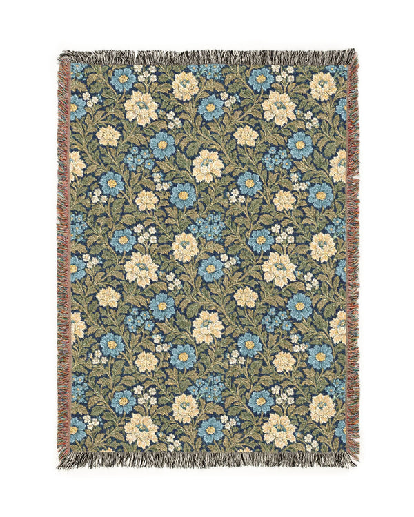 William Morris Style Teal Botanical Floral Tapestry Woven Blanket Throw