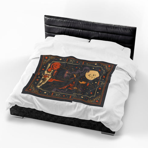 Vintage Witch Halloween Blanket | Cauldron, Black Cat & Pumpkin Throw