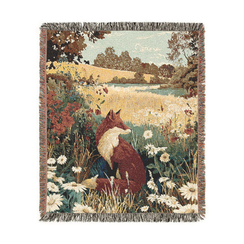 Cozy Nature-Inspired Fox in A Wildflower Field Woven Blanket, Warm Throw for Living Room, Gift for Home Decor, Autumn Decor Blanket