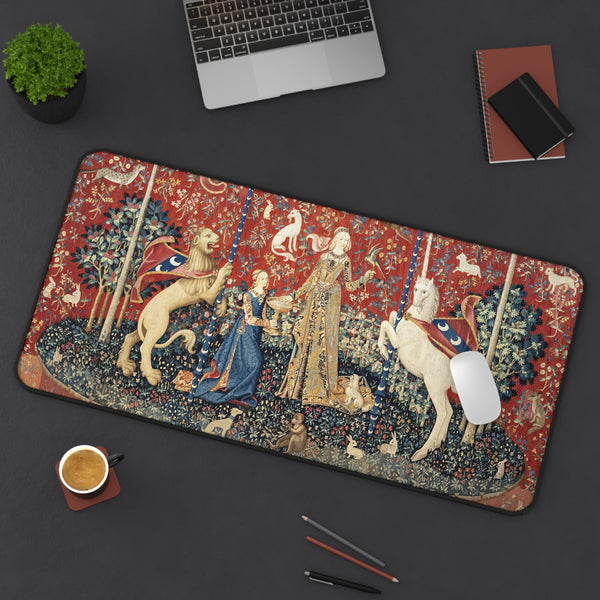 Medieval Tapestry Lady with Lion and Unicorn Desk Mat | Renaissance Art Mouse Pad