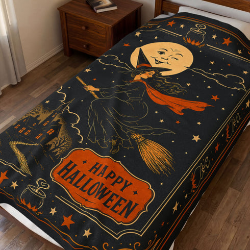 Vintage Halloween Witch Blanket | Retro Moon Velveteen Fleece Throw