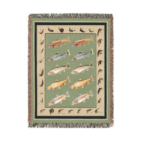 Trout Fly Fishing Cotton Woven Throw Blanket | Gift For Fly Fisherman With Fishing Lures, Cozy Blanket, Rustic Cabin Lake House Decor