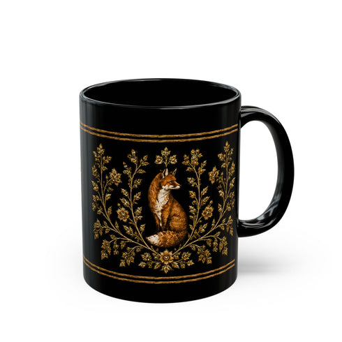 Foxfire Retreat Foliage Black Ceramic Mug – Vintage Botanical Fox Coffee Cup (11oz/15oz)