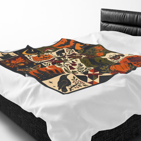 Vintage Halloween Patchwork Blanket | Dark Cottagecore Velveteen Fleece Throw