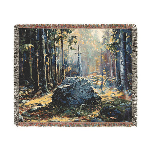 Arthurian Sword Excalibur in Stone Tapestry Woven Blanket Fantasy Jacquard Cotton Throw, Medieval Forest Tapestry, Arthurian Legend Home Decor Gift
