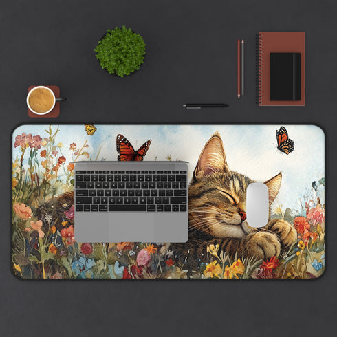 Charming Sleeping Kitten Desk Mat Fully Customizable, Anti-Slip, Neoprene Office and Home Decor in 3 Sizes