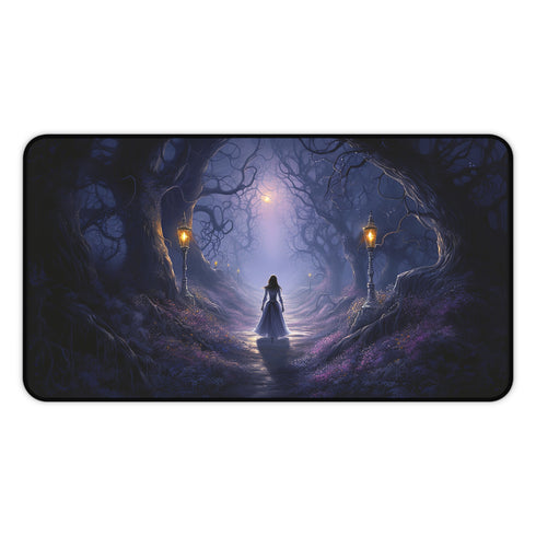 Enchanted Forest Path Desk Mat | Mystical Girl, Lanterns, Twilight