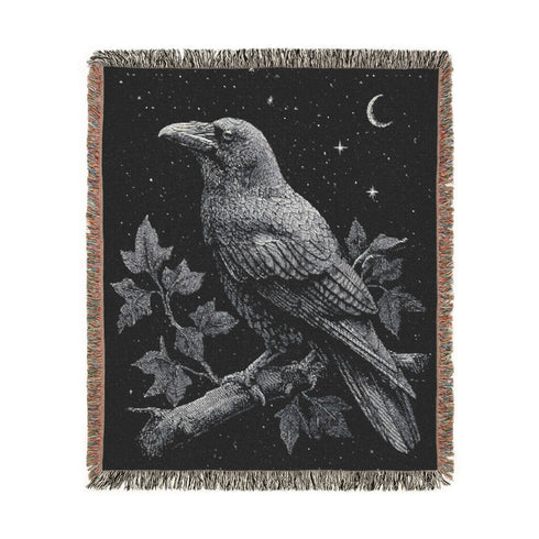 Raven Woven Blanket Black & White Jacquard Cotton Throw, Gothic Moon and Stars Tapestry, Crow Wall Art, Occult Witchy Home Decor