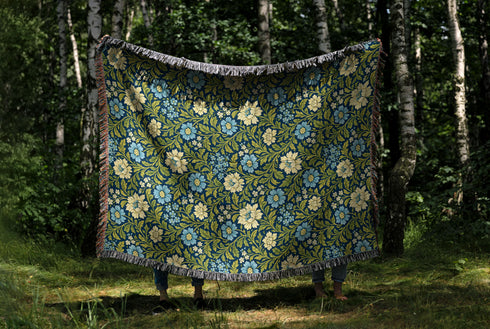 William Morris Inspired Woven Blanket | Teal Floral Cotton Throw