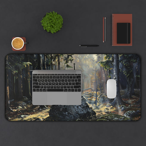 Excalibur in Forest Desk Mat | Medieval Fantasy Landscape, Sunlit Mossy Woods