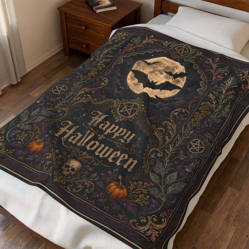 Victorian Halloween Velveteen Blanket | Gothic Moon & Bats Throw
