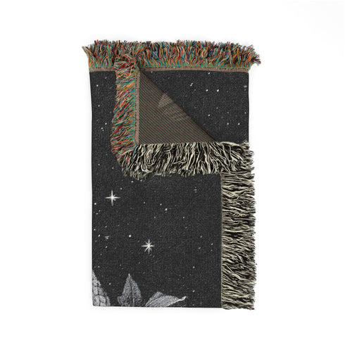 Raven Woven Blanket Black & White Jacquard Cotton Throw, Gothic Moon and Stars Tapestry, Crow Wall Art, Occult Witchy Home Decor