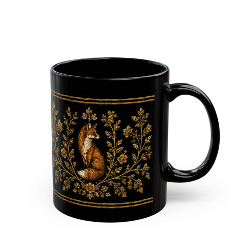 Foxfire Retreat Foliage Black Ceramic Mug – Vintage Botanical Fox Coffee Cup (11oz/15oz)
