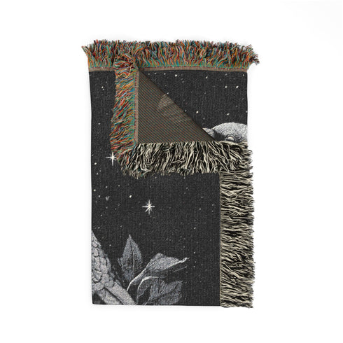 Raven Woven Blanket Black & White Jacquard Cotton Throw, Gothic Moon and Stars Tapestry, Crow Wall Art, Occult Witchy Home Decor