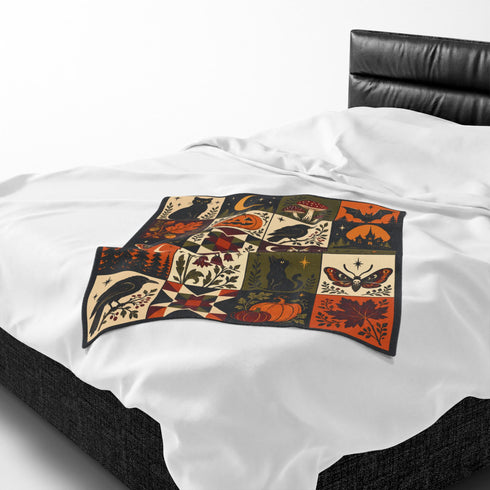 Vintage Halloween Patchwork Blanket | Dark Cottagecore Velveteen Fleece Throw