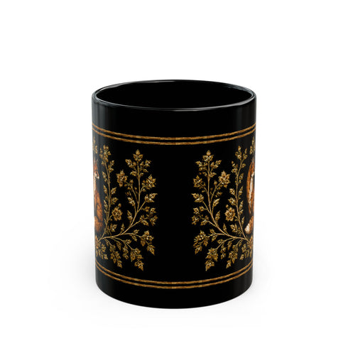 Foxfire Retreat Foliage Black Ceramic Mug – Vintage Botanical Fox Coffee Cup (11oz/15oz)