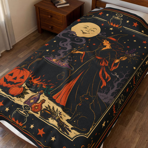 Vintage Witch Halloween Blanket | Cauldron, Black Cat & Pumpkin Throw