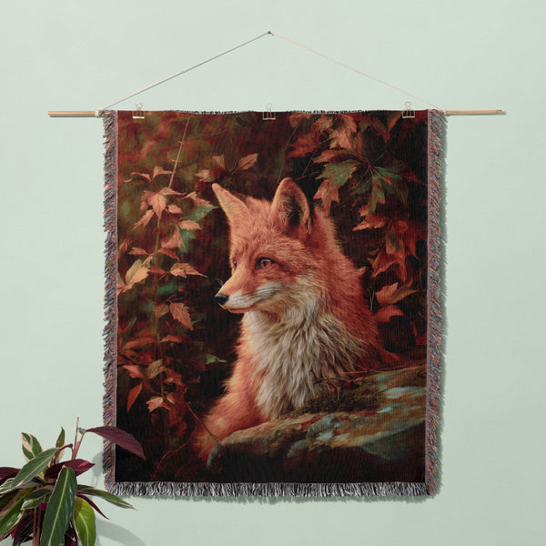 Autumn Red Fox Woven Cotton Throw Blanket – Woodland Jacquard Tapestry