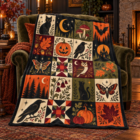 Vintage Halloween Patchwork Blanket | Dark Cottagecore Velveteen Fleece Throw