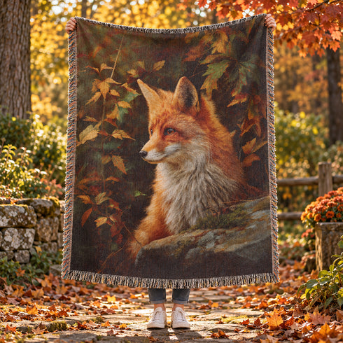 Woven cotton blanket featuring a red fox surrounded by autumn leaves in warm woodland tones