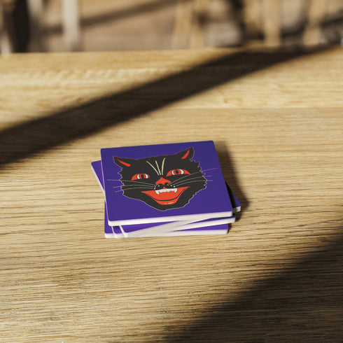 Black Cat Face Halloween Coaster Set
