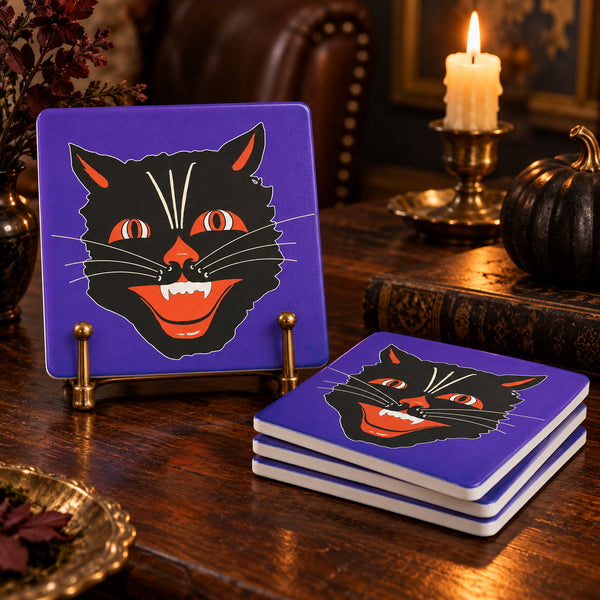 Black Cat Face Halloween Soapstone Coasters - Set of 4