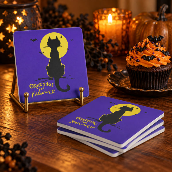 Black Cat & Moon Halloween Soapstone Coasters - Set of 4