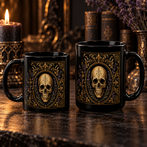 Gothic Skull Mug, Black Lavender Parlor Ceramic Coffee Mug