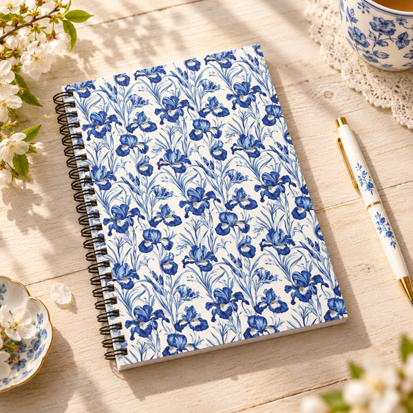 Blue and white iris floral spiral notebook styled on a bright spring Cottagecore wooden desk with blossom branches and botanical accessories