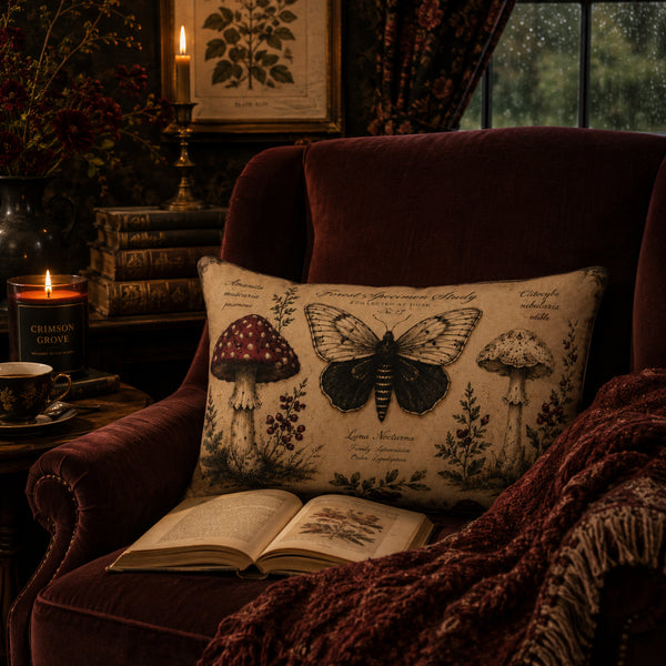 A decorative throw pillow with a vintage-style botanical print of a butterfly and mushrooms, styled on a dark red velvet armchair in a cozy, dimly lit room with a candle, book, and open book.