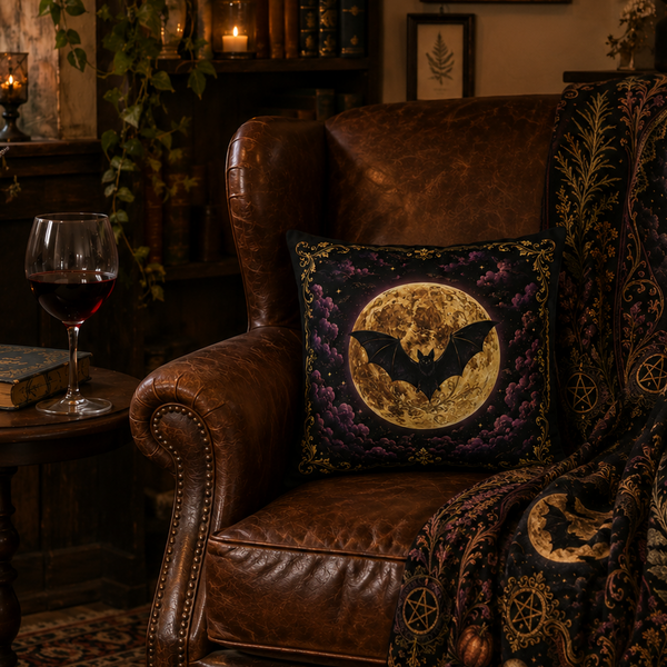 Black Lavender Collection Gothic Bat & Moon Faux Suede Throw Cushion Cover