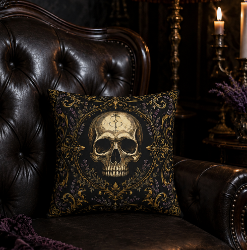 Gothic Skull Pillow Cover Faux Suede Cushion Case Black Gold Purple Decor Dark Cottagecore Witchy Home Accent Moonlit Manor