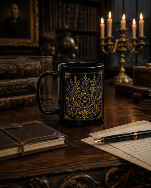 Black Lavender Pentacle Mug, Gothic Botanical Ceramic Coffee Mug