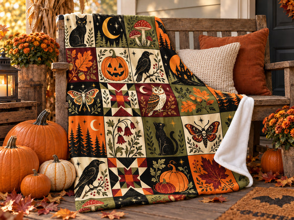 Vintage Halloween Patchwork Blanket | Dark Cottagecore Velveteen Fleece Throw