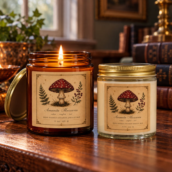 Amanita Muscaria Mushroom Candle - Coconut Apricot Wax, 4 oz & 9 oz