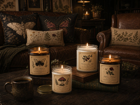 Candles with nature-themed labels on a wooden surface in a cozy room.