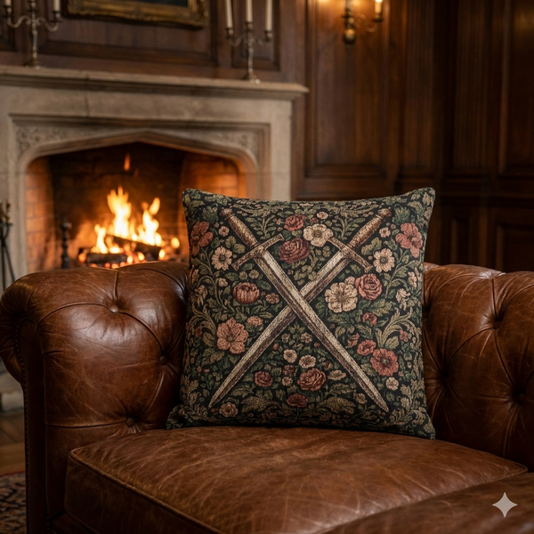A square decorative throw pillow with a floral tapestry pattern and crossed swords, resting on a brown leather tufted armchair in front of a warm fireplace.