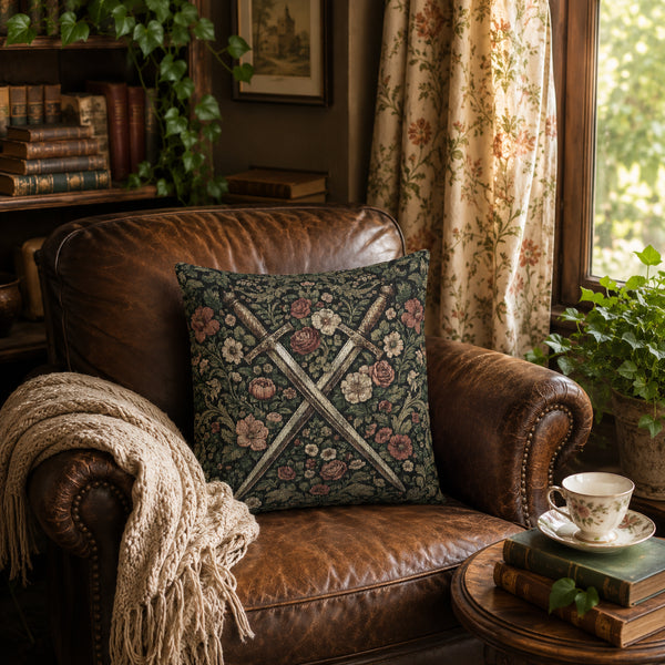 Medieval Crossed Swords Woven Cushion | Gothic Floral Tapestry Pillow